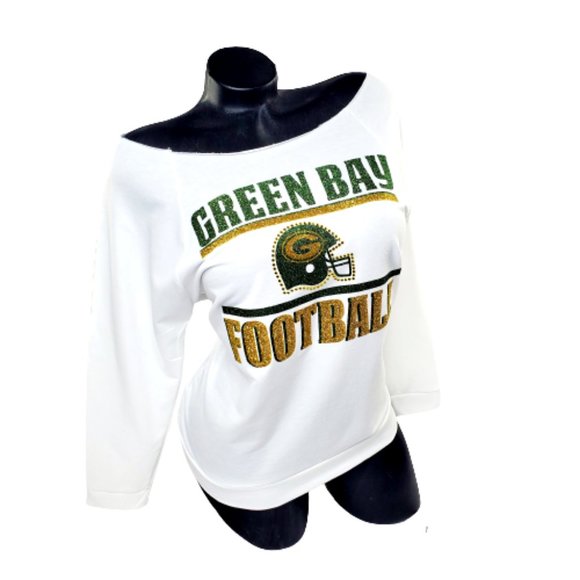 Green Bay Football White Sweatshirt with Shiny Glitter Lettering & Crystals. - Picture 6 of 6
